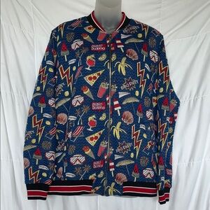 Zara Man XL Jacquard Bomber Jacket Blue Graphic Print Tropical & Beach Icons